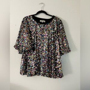 Haptics By Holly Harper Black & Multicolor Sequined Boho Puff Sleeve  3X